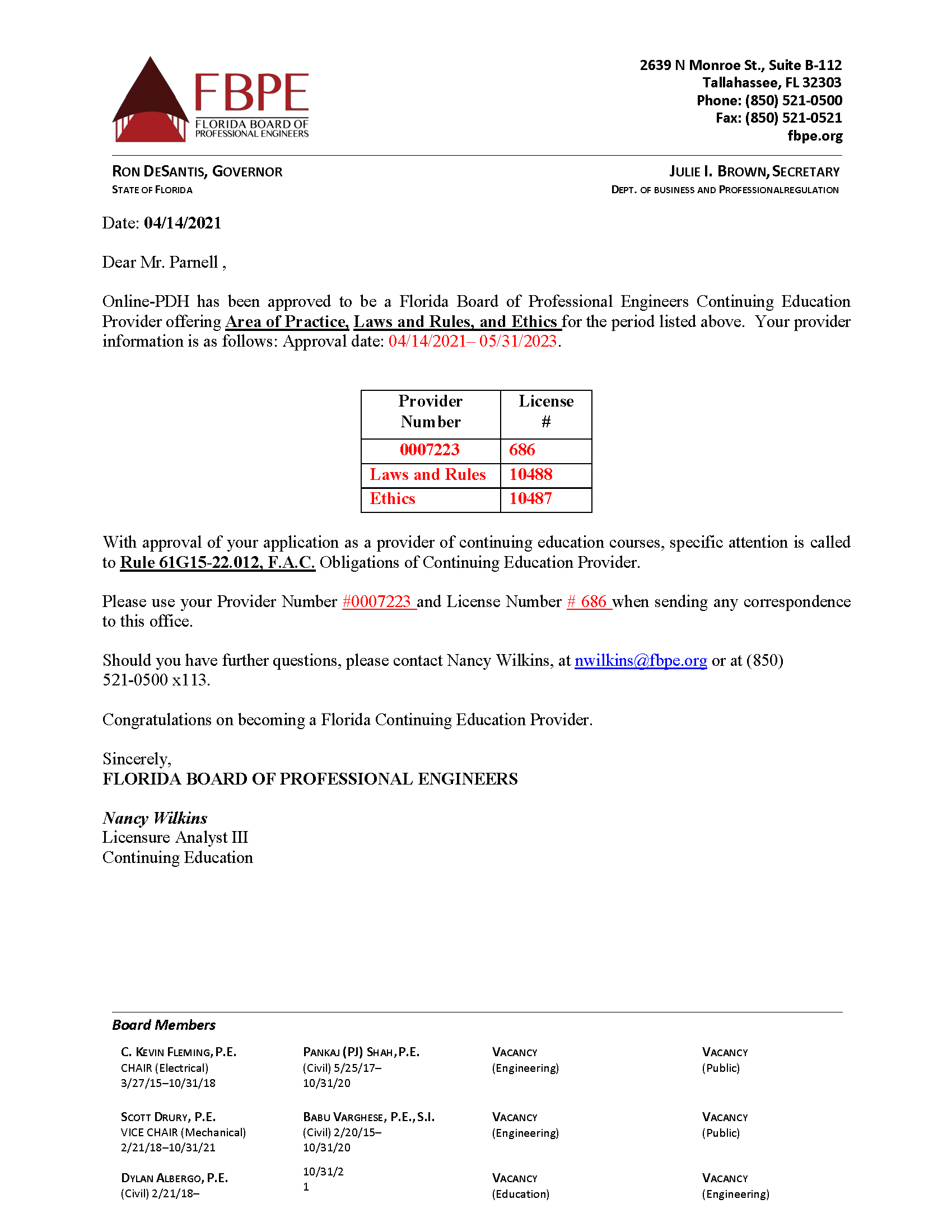 FL Board Approval Letter_Online-PDH