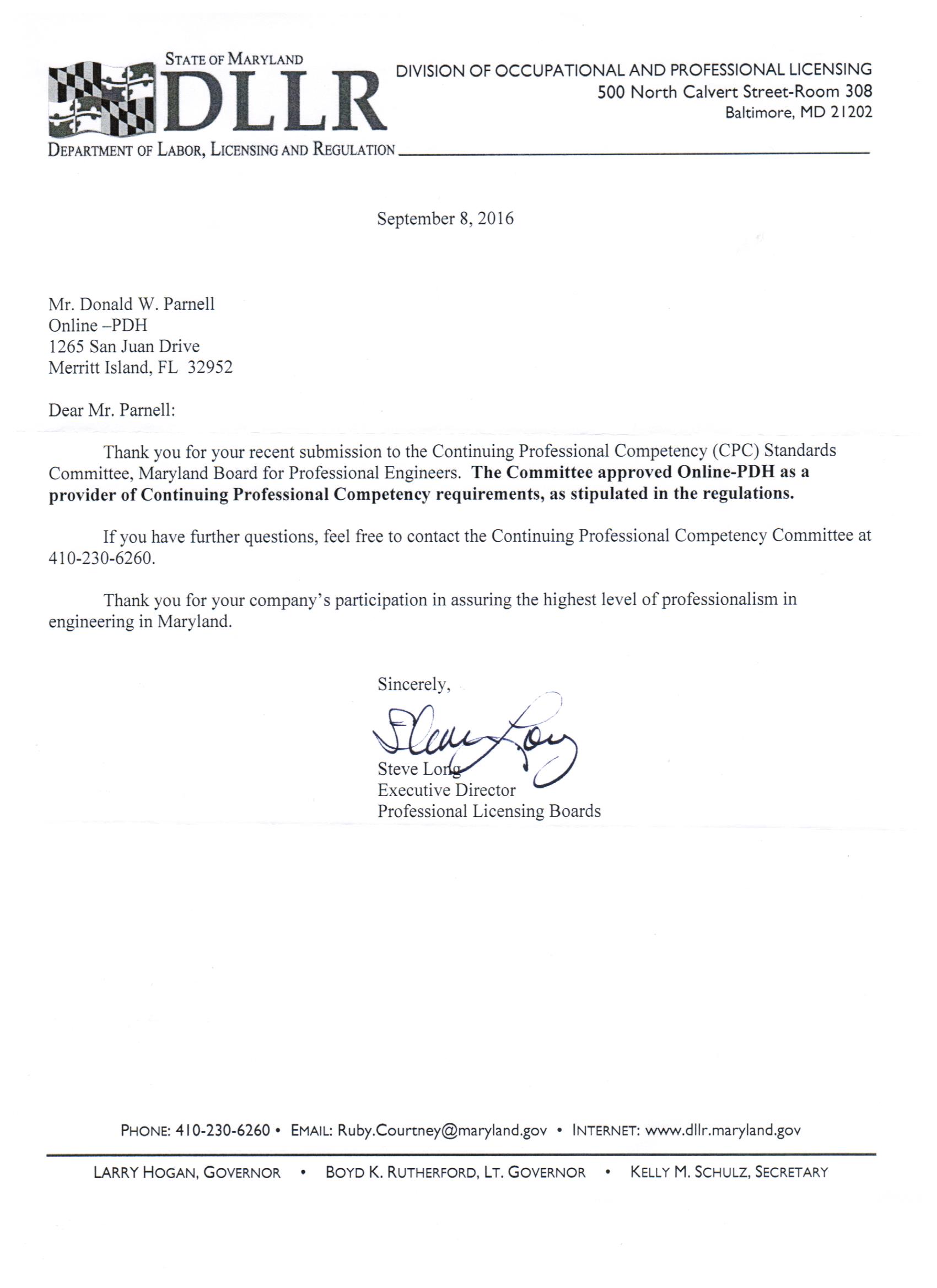 Maryland Board Approval Letter