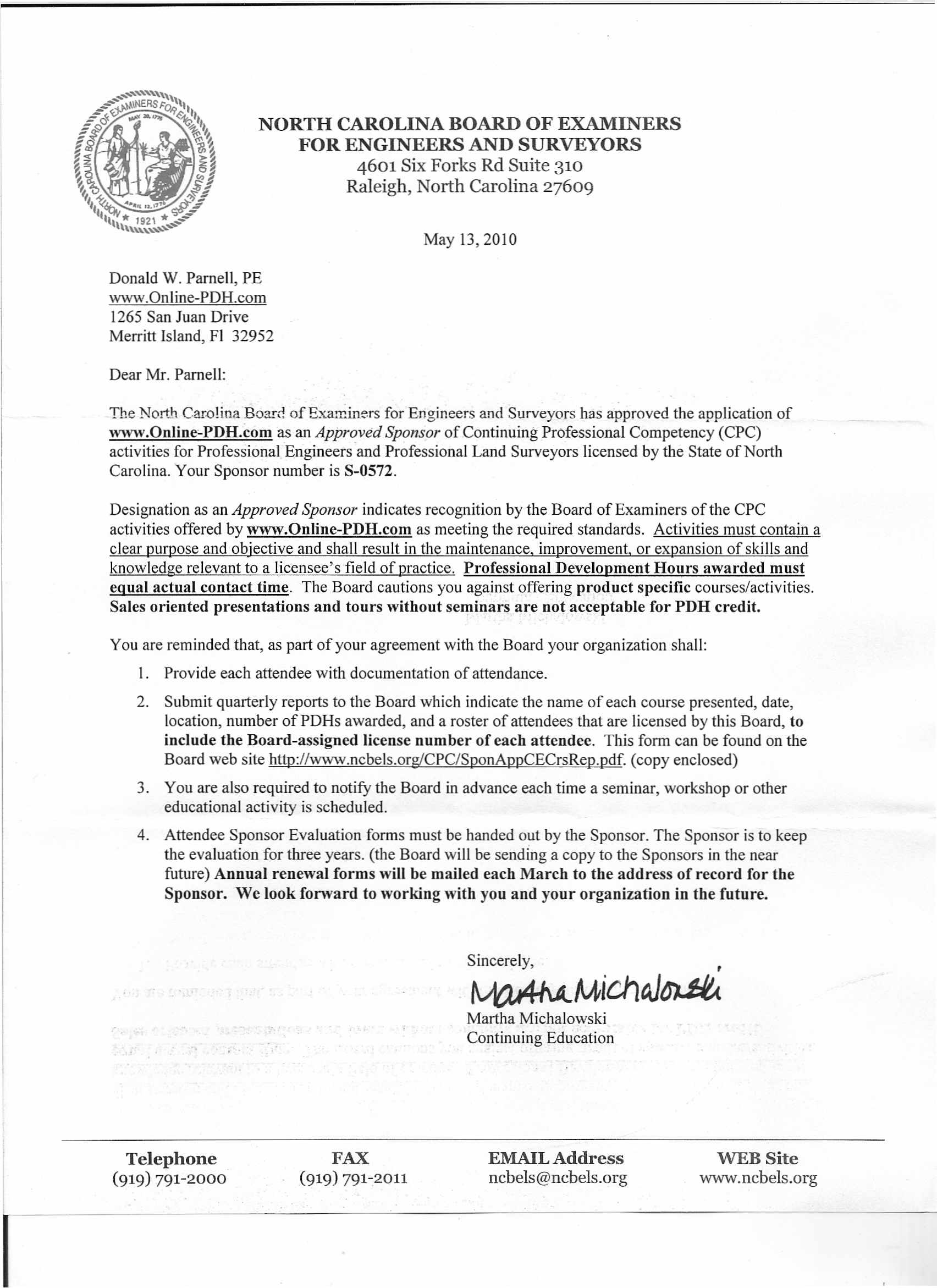 NC Board PDH Course Provider Approval Letter